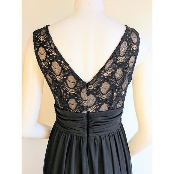 JH Evenings Black Sequin & Chiffon Dress Ruched Pleated Waist Sleeveless Size 6 - Picture 6 of 10